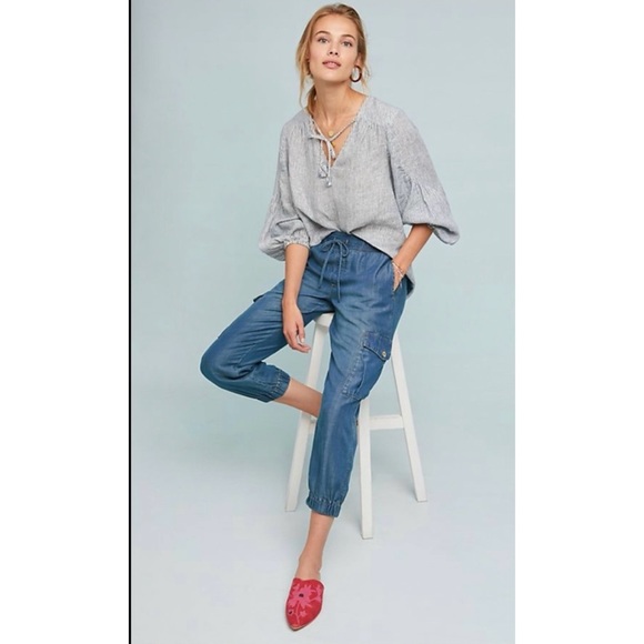 Cloth & Stone Anthropologie Chambray Utility Joggers Tencel Drawstring Sz S - Picture 1 of 11